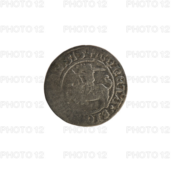 Lithuanian half-grosz, Sigismund I the Old (King of Poland; 1506–1548), 1515. Obverse: Pogon (Lithuanian coat of arms) turned left; in rim between pearly borders an inscription: + MONETA, SIG, :1515. Reverse: Polish crowned eagle; in rim between pearly borders an inscription: + M, S:LITVANIE., 1515. Silver coin, Grand Duchy of Lithuania (Vilnius/Poland).