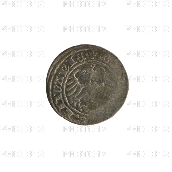 Lithuanian half-grosz, Sigismund I the Old (King of Poland; 1506–1548), 1515. Silver coin (half-grosz). Obverse: Pogon (Lithuanian coat of arms) turned left; rim between pearly borders with inscription '+ MONETA, SIG, :1515'. Reverse: Polish crowned eagle; rim between pearly borders with inscription '+ M, S:LITVANIE., 1515'. Jagiellon dynasty; Grand Duchy of Lithuania; Vilnius.
