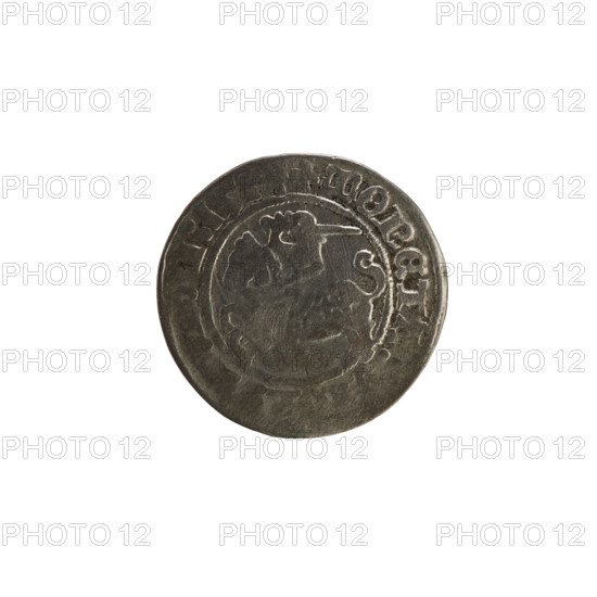 Lithuanian half-grosz, Sigismund I the Old (King of Poland; 1506–1548). Obverse: Pogon (Lithuanian coat of arms) turned left; inscription in rim between pearl borders: + MONET I:151. Reverse: Polish crowned eagle; inscription in rim between pearl borders: + MAGNI:DVCIS, LI, V, IE:, 1514. Polish–Lithuanian coin (Grand Duchy of Lithuania, Vilnius).