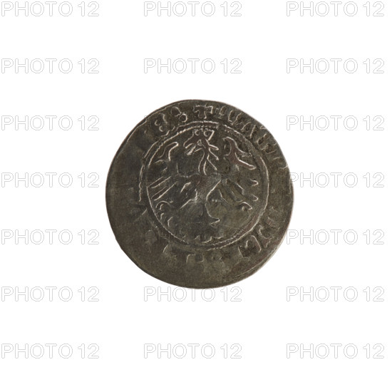 Lithuanian half-grosz, Sigismund I the Old (King of Poland; 1506–1548). Obverse: Pogon (Lithuanian coat of arms) turned left; in the rim between pearl borders an inscription: + MONET, I:151. Reverse: Polish crowned eagle; in the rim between pearl borders an inscription: + MAGNI:DVCIS, LI, V, IE:, 1514. Coin from Grand Duchy of Lithuania, Vilnius; Jagiellon dynasty; coats of arms (eagles). Materials and function: Polish–Lithuanian coin (half-grosz).