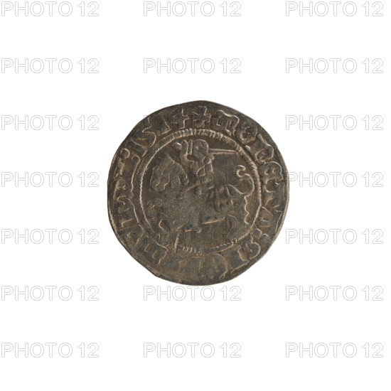 Lithuanian half-grosz, Sigismund I the Old (king of Poland; 1506–1548). Obverse: Pogon (mounted knight) turned left; in the rim between pearl borders an inscription: + COIN:SIGISMVNDI:1514. Reverse: Polish crowned eagle; in the rim between pearly borders an inscription: + MAGNI:DVC, VANIE.:., 1514. Grand Duchy of Lithuania; Vilnius. R8 (rarity). Polish coin; Jagiellonian dynasty; coats of arms: Pogon, Eagle.