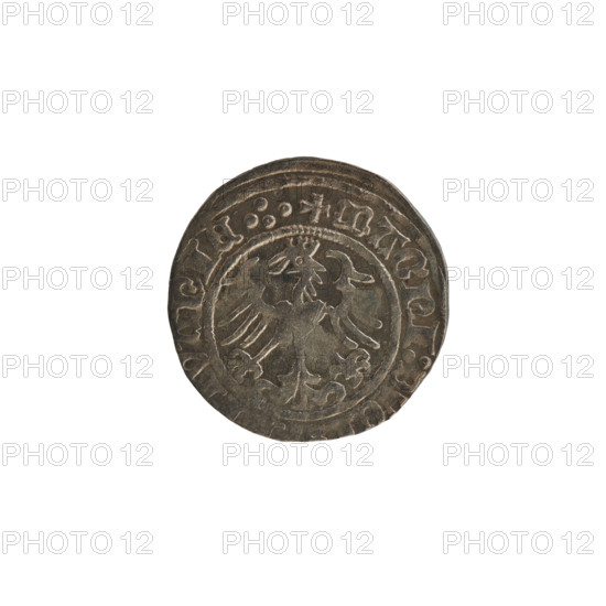 Lithuanian half-grosz, Sigismund I the Old (king of Poland; 1506–1548). Obverse: Pogon (coat of arms of Lithuania) turned left; in the rim between pearl borders an inscription: + COIN:SIGISMVNDI:1514. Reverse: Polish crowned eagle; in the rim between pearl borders an inscription: + MAGNI:DVC, VANIE.:., 1514. Rarity R8. Polish coin, Jagiellonian dynasty; Grand Duchy of Lithuania, Vilnius; silver coin.