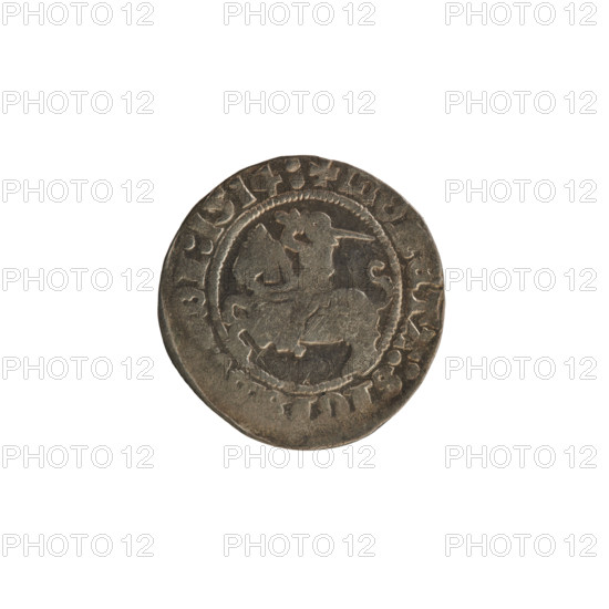 Lithuanian half-grosz, Sigismund I the Old (King of Poland; 1506–1548). Obverse: Pogon (Lithuanian coat of arms) turned left; in the rim between pearl borders an inscription: + MO, ETA:SIGI, DI:1514:. Reverse: Polish crowned eagle; in the rim between pearly borders an inscription: + MAGNI:DVCIS:, NIE, 1514. Grand Duchy of Lithuania, Vilnius; coin.