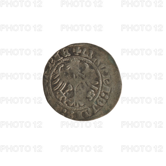 Lithuanian half-grosz, Sigismund I the Old (King of Poland, 1506–1548). Obverse: Pogon (Lithuanian coat of arms) turned left; in the rim between pearl borders an inscription: + MO, ETA:SIGI, DI:1514:. Reverse: crowned Polish eagle; in the rim between pearly borders an inscription: + MAGNI:DVCIS:, NIE, 1514. Polish coin of 1514, Grand Duchy of Lithuania (Vilnius).