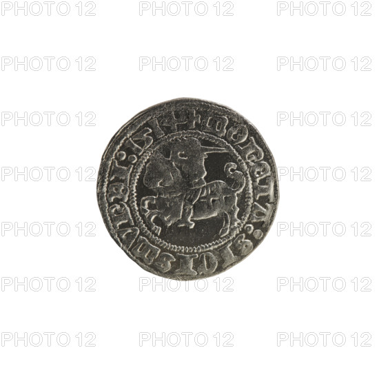 Lithuanian half-grosz, Sigismund I the Old (King of Poland; 1506–1548). Obverse: Pursuer (emblem of Lithuania) turned left; in the rim between pearl borders an inscription: + COIN:SIGISMVNDI:1514. Reverse: Crowned Polish eagle; in the rim between pearl borders an inscription: + MAGNI:DVCIS:LITVANIE, 1514. Emblems: eagles, Jagiellon dynasty. Grand Duchy of Lithuania; Vilnius; Poland. Coin.