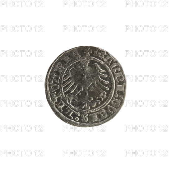 Lithuanian half-grosz, Sigismund I the Old (King of Poland; 1506–1548). Obverse: Pursuer (Pogonia) turned left; in the rim between pearl borders an inscription: + COIN:SIGISMVNDI:1514. Reverse: Polish crowned eagle; in the rim between pearl borders an inscription: + MAGNI:DVCIS:LITVANIE, 1514. Emblems: eagles, Jagiellon dynasty; Grand Duchy of Lithuania; coin.