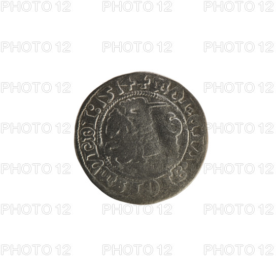 Lithuanian half-grosz, Sigismund I the Old (king of Poland; 1506–1548). Obverse: Pogon (mounted knight) turned left; in the rim between pearl borders an inscription: + COIN:SIGISMVNDI:1514. Reverse: Polish crowned eagle; in the rim between pearl borders an inscription: + MAGNI:DVCIS:LITVANIE:. 1514. Grand Duchy of Lithuania, Vilnius. Polish coin; Jagiellonian dynasty; coats of arms: Pogon and eagle. R8 (rarity).