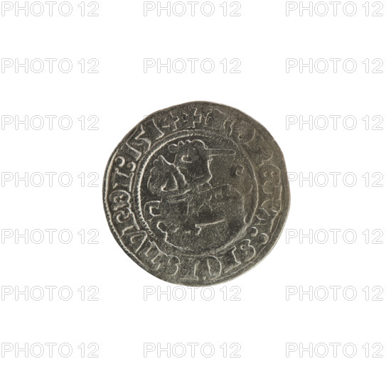 Lithuanian half-grosz, Sigismund I the Old (King of Poland; 1506–1548), 1514. Obverse: Pogon (mounted knight) turned left; inscription in rim between pearl borders: + ETA:SIGISMVNDI:1514. Reverse: Polish crowned eagle; inscription in rim between pearl borders: + MAGNI:DVCIS, TVANIE.:., 1514. Silver coin; Grand Duchy of Lithuania, Vilnius.