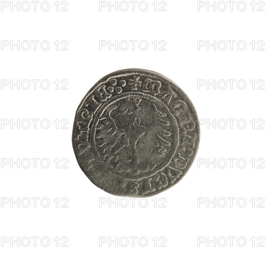 Lithuanian half-grosz, Sigismund I the Old (King of Poland; 1506–1548). Obverse: Pogon (Lithuanian coat of arms) turned left; in the rim between pearl borders an inscription: + ETA:SIGISMVNDI:1514. Reverse: Polish crowned eagle; in the rim between pearl borders an inscription: + MAGNI:DVCIS, TVANIE.:., 1514. Coin of the Grand Duchy of Lithuania (Vilnius), Polish–Lithuanian realm; Jagiellon dynasty; coats of arms present. Materials: coin (metal).