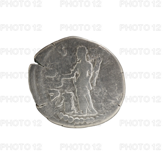 Denarius, Lucius Verus (130–169; Roman emperor 161–169) issuer; Lucilla (149–182; Roman empress 164–169). Bust of Lucilla in drapery facing right, inscription LVCILLAE NTON all around. Reverse: Vesta in a veil standing left, holding a ladle (simpulum) in her outstretched right hand above a burning altar and a statuette of Athena (palladium) in her left; inscription beginning VES-. Date: 164–169 CE, Roman Empire (27 BC–476), Rome. Coin. Diameter 17.5–18.5 mm, weight 2.58 g, axis 0°.