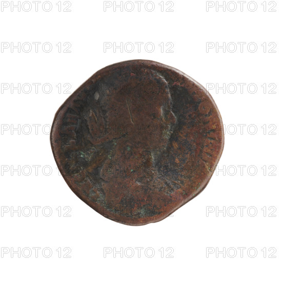 sestertius; issuer: Lucius Verus (130–169, Roman emperor 161–169); obverse: bust of Lucilla (149–182/183, Roman empress 164–169) in drapery to the right, inscription LVCILLAE AVG - NTONINI A; reverse: Juno seated on a throne to the left holding a flower in her right hand and a swaddled infant in her left, cornucopias present, inscription CIN; iconography: Lucilla, Juno and Roman deities, children; date: 164–169; Roman Empire, Rome; coin diameter 29.0–30.5 mm, weight 19.65 g, axis 0°.