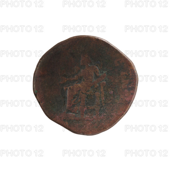 Sestertius; issuer: Lucius Verus (130–169, Roman emperor 161–169); obverse: bust of Lucilla (149–182/183, Roman empress 164–169) in drapery to the right, legend LVCILLAE AVG - NTONINI A (all around); reverse: Juno seated on a throne to the left, holding a flower in her right hand and a swaddled baby in her left, with cornucopias and children iconography, legend CIN (all around); date: 164–169 CE, Roman Empire; material: coin; diameter 29.0–30.5 mm; weight 19.65 g; axis 0°.