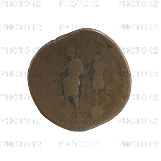 As/dupondius, Marcus Aurelius (121–180; Roman emperor 161–180), issuer; Commodus (161–192; Roman emperor 177–192), (caesar 175–177). Obverse: Bust of young Commodus in drapery, uncovered, facing right, inscription 'AES AVG FIL' all around. Reverse: Commodus in military attire standing left, holding a branch in his right hand and a long scepter in his left; on his right a trophy and a round shield, letters 'V' and 'N' around, in fields 'S - C'. Date: 175–176. Roman Empire, Rome. Coin (as/dupondius), bronze; diameter 25.0 mm; weight 11.43 g; axis 150°.