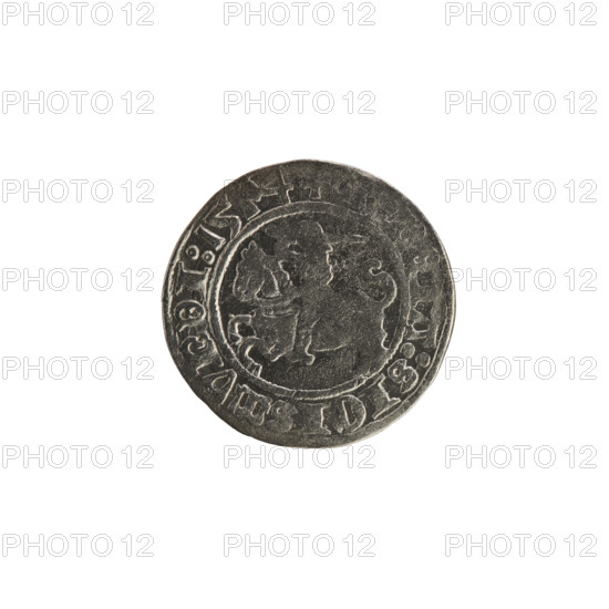 Lithuanian half-grosz, Sigismund I the Old (King of Poland; reign 1506–1548). Obverse: Pogon (Lithuanian coat of arms) turned left; in the rim between pearl-shaped borders an inscription: + A:SIGISMVNDI:1514. Reverse: Polish crowned eagle; in the rim between pearl-shaped borders an inscription: + MA, VCIS:LITVA, IE, 1514. Polish coin of the Jagiellon period; Grand Duchy of Lithuania.