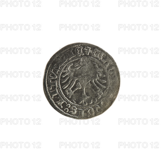 Lithuanian half-grosz, Sigismund I the Old (King of Poland; 1506–1548). Obverse: Pogon (Lithuanian coat of arms) turned left; in the rim between pearl-shaped borders an inscription: + A:SIGISMVNDI:1514. Reverse: Polish crowned eagle; in the rim between pearl-shaped borders an inscription: + MA, VCIS:LITVA, IE, 1514. Polish coin of the Jagiellon dynasty, Grand Duchy of Lithuania (Vilnius), early 16th century.
