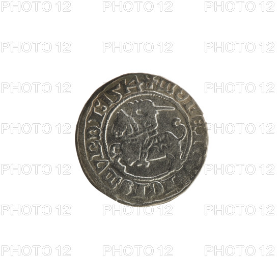 Lithuanian half-grosz, Sigismund I the Old (King of Poland; 1506–1548). Obverse: Pogon (Lithuanian coat of arms) turned left; in the rim between pearl borders an inscription: + MONET, IGISMVNDI:1514. Reverse: crowned Polish Eagle; in the rim between pearl borders an inscription: + MAGNI:D,:LITVANIE:, 1514. Polish coin, Jagiellon dynasty; Grand Duchy of Lithuania; Vilnius.