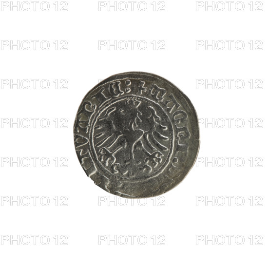 Lithuanian half-grosz, Sigismund I the Old (King of Poland; 1506–1548). Obverse: Pogon (Lithuanian coat of arms) turned left; rim inscription between pearl borders: + MONET, IGISMVNDI:1514. Reverse: crowned Polish eagle; rim inscription between pearl borders: + MAGNI:D,:LITVANIE:, 1514. Polish coin of the Grand Duchy of Lithuania (Vilnius). Features eagles and coats of arms; Jagiellon dynasty.