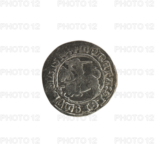 Lithuanian half-grosz, Sigismund I the Old (King of Poland; 1506–1548). Obverse: Pogon (Lithuanian coat of arms) turned left; in the rim between pearl borders an inscription: + COIN:SIGISMV, I:1514:. Reverse: Polish crowned eagle; in the rim between pearl borders an inscription: + MAGNI:DVCI, LITVANIE.:.; dated 1514. Grand Duchy of Lithuania (Vilnius), Polish–Lithuanian coin.