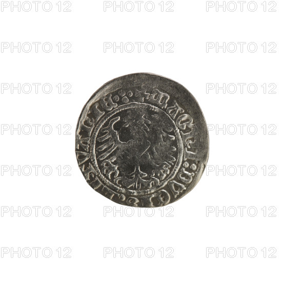 Lithuanian half-grosz, Sigismund I the Old (King of Poland; 1506–1548); 1514. Obverse: Pogon (Lithuanian coat of arms) turned left; rim inscription between pearl borders: + COIN:SIGISMV, I:1514:. Reverse: Polish crowned eagle; rim inscription between pearl borders: + MAGNI:DVCI, LITVANIE.:. Materials: coin (metal). Related heraldry: eagles, coats of arms; Grand Duchy of Lithuania, Vilnius, Poland.