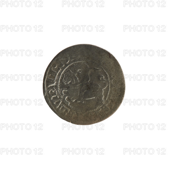 Lithuanian half-grosz, Sigismund I the Old (King of Poland; 1506–1548). Silver coin (half-grosz), 1514. Obverse: Pogon (Lithuanian coat of arms) turned left; rim inscription between pearl-shaped borders: :S, ISMVN, I:15. Reverse: Polish crowned Eagle; rim inscription between pearl-shaped borders: AGNI:DV, 1514. Associated with the Jagiellon dynasty; Grand Duchy of Lithuania, Vilnius, Poland.