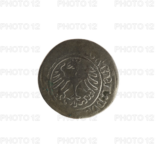 Lithuanian half-grosz, Sigismund I the Old (King of Poland; 1506–1548). Obverse: Pogon (Lithuanian coat of arms) turned left; rim between pearl-shaped borders with inscription ':S, ISMVN, I:15'. Reverse: Polish crowned eagle; rim between pearl-shaped borders with inscription 'AGNI:DV, 1514'. Silver coin, Grand Duchy of Lithuania, Vilnius, 1514.