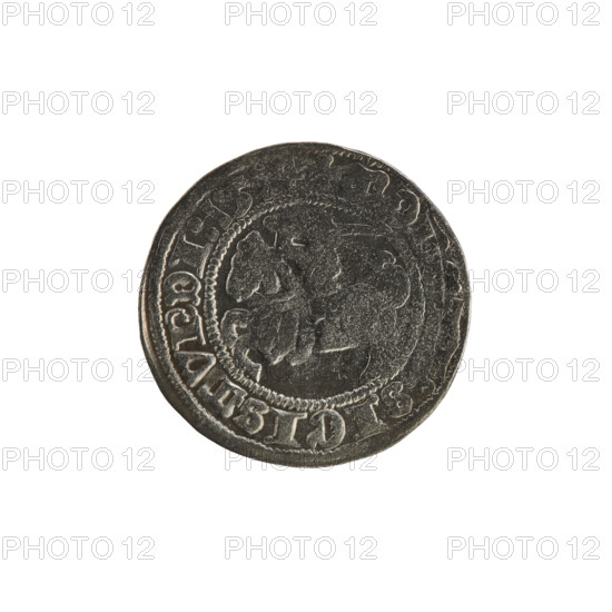 Lithuanian half-grosz, Sigismund I the Old (king of Poland; 1506–1548). R8 (rarity). Polish coin, Jagiellonian dynasty. Obverse: Pogon (Lithuanian coat of arms) turned left; in the rim between pearl borders an inscription: , :SIGISMVNDI:15. Reverse: Polish crowned eagle; in the rim between pearl borders an inscription: + MA, TVANIE.:. Date: 1514. Grand Duchy of Lithuania, Vilnius, Poland.