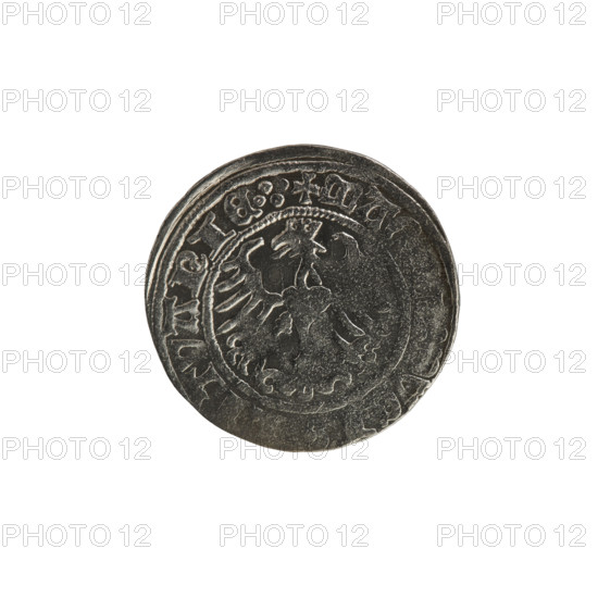 Lithuanian half-grosz, Sigismund I the Old (king of Poland; 1506–1548). R8 (rarity). Polish coin, Jagiellonian dynasty. Obverse: Pogon (coat of arms of Lithuania) turned left; in the rim between pearl borders an inscription: , :SIGISMVNDI:15. Reverse: Polish crowned eagle; in the rim between pearl borders an inscription: + MA, TVANIE.:., 1514. Grand Duchy of Lithuania, Vilnius.