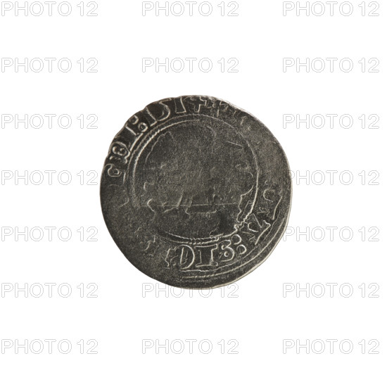 Lithuanian half-grosz, Sigismund I the Old (King of Poland; 1506–1548). Obverse: Pogon (Lithuanian coat of arms) turned left; in the rim between pearl borders an inscription: +, TA:SIGI, NDI:1514. Reverse: Polish crowned eagle; in the rim between pearl borders an inscription: MAGNI:IS:LITV, 1514. Coin of the Grand Duchy of Lithuania, Vilnius; 1514.