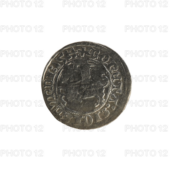 Lithuanian half-grosz, Sigismund I the Old (King of Poland; 1506–1548). Silver coin (half-grosz), 1514. Obverse: Pogon (Lithuanian coat of arms) turned left; rim between pearl borders with inscription '+ COIN:SIGISMVNDI:1514'. Reverse: crowned Polish Eagle; rim between pearl borders with inscription 'MAGNI:DVCIS:LITVANI'. Grand Duchy of Lithuania (Vilnius), Poland.