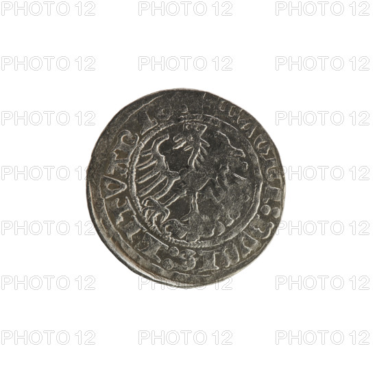 Lithuanian half-grosz, Sigismund I the Old (King of Poland; 1506–1548), 1514. Obverse: Pogon (Lithuanian coat of arms) turned left; rim inscription between pearl borders: + COIN:SIGISMVNDI:1514. Reverse: Polish crowned eagle; rim inscription between pearl borders: MAGNI:DVCIS:LITVANI, 1514. Polish–Lithuanian coin, Grand Duchy of Lithuania, Vilnius.