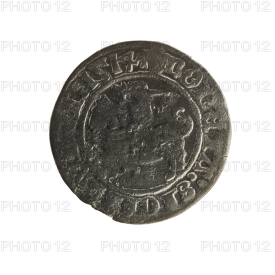 Lithuanian half-grosz, Sigismund I the Old (king of Poland; 1506–1548). Obverse: Pogon (Pursuer) turned left; in the rim between pearl borders an inscription: MONE A:SIG V I:1514. Reverse: Polish crowned eagle; in the rim between pearl borders an inscription: + AGNI:D ITVANIE.:. 1514. Silver coin (half-grosz), Grand Duchy of Lithuania, Vilnius. Attributes: Polish coins, Jagiellonian dynasty, coats of arms (eagle, Pogon). R8 (rarity).