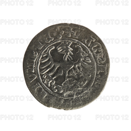 Lithuanian half-grosz, Sigismund I the Old (king of Poland; 1506–1548). Obverse: Pogon (Vytis) turned left; in the rim between pearl borders an inscription: MONE A:SIG V I:1514. Reverse: Polish crowned eagle; in the rim between pearly borders an inscription: + AGNI:D ITVANIE.:. 1514. Grand Duchy of Lithuania, Vilnius. R8 (rarity). Polish coin; Jagiellonian dynasty; coats of arms: eagle, Pogon.