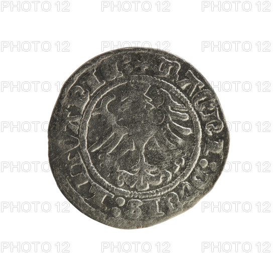 Lithuanian half-grosz, Sigismund I the Old (King of Poland; 1506–1548). Obverse: Pogon (Lithuanian coat of arms) turned left; in the rim between pearl borders an inscription: + COIN:SIGISMVNDI:. Reverse: Polish crowned eagle; in the rim between pearl borders an inscription: + MAGNI:DVCIS:LITVANIE:. 1514. Grand Duchy of Lithuania (Vilnius). Polish coin; Jagiellon dynasty.