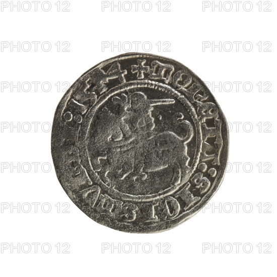 Lithuanian half-grosz, Sigismund I the Old (King of Poland; 1506–1548). Obverse: Pogon (mounted knight) turned left; legend in rim between pearl borders: + COIN:SIGISMV 15 4. Reverse: Crowned Polish eagle; legend in rim between pearl borders: + MAGNI: VCIS:LITVANIE: 1514. Polish coin of the Jagiellon dynasty; Grand Duchy of Lithuania (Vilnius).