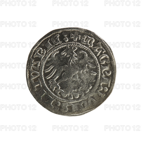 Lithuanian half-grosz, Sigismund I the Old (King of Poland; 1506–1548). Silver coin (half-grosz), 1514. Obverse: Pogon (Lithuanian mounted charger) turned left; in the rim between pearl borders an inscription: + COIN:SIGISMV, :15, 4. Reverse: crowned Polish eagle; in the rim between pearl borders an inscription: + MAGNI:, VCIS:LITVANIE:, 1514. Associated heraldry: Polish eagle, coats of arms, Jagiellon dynasty. Origin: Grand Duchy of Lithuania, Vilnius (Poland–Lithuania).