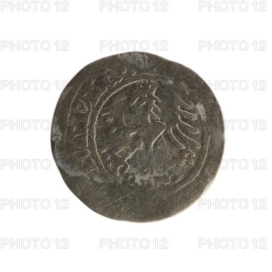 Lithuanian half-grosz, Sigismund I the Old (King of Poland; 1506–1548). Silver coin (half-grosz), 1514. Obverse: Pogon (mounted knight) turned left; in the rim between pearl borders an inscription. Reverse: Polish crowned eagle; in the rim between pearl borders an inscription. Coats of arms: Eagle (Poland) and Pogon (Lithuania). Grand Duchy of Lithuania; Vilnius; Jagiellon dynasty.