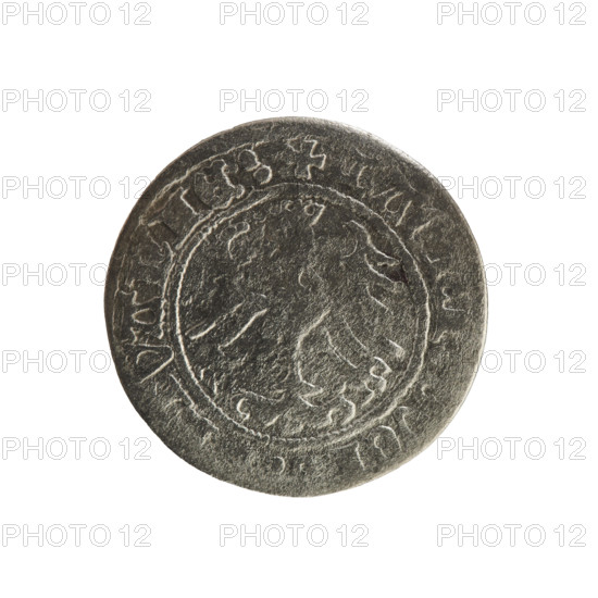 Lithuanian half-grosz, Sigismund I the Old (King of Poland; r. 1506–1548), 1514. Obverse: Pogon (Lithuanian coat of arms) turned left; in rim between pearl borders an inscription. Reverse: Polish crowned eagle; in rim between pearl borders an inscription: + MA, DVCI, VANIE: 1514. Polish–Lithuanian coin, Jagiellon dynasty.