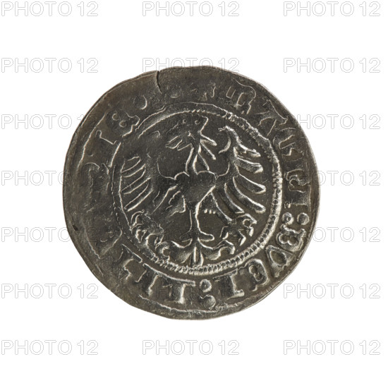 Lithuanian half-grosz, Sigismund I the Old (king of Poland; 1506–1548). Obverse: Pogon (Pursuer) turned left; in the rim between pearl borders an inscription: + MONE, A:S, MVNDI:1514. Reverse: Polish crowned eagle; in the rim between pearl borders an inscription: MAGNI:DVCI:LIT, IE, 1514. R8 (rarity). Polish coin of the Jagiellonian dynasty; Grand Duchy of Lithuania; Vilnius; coin.
