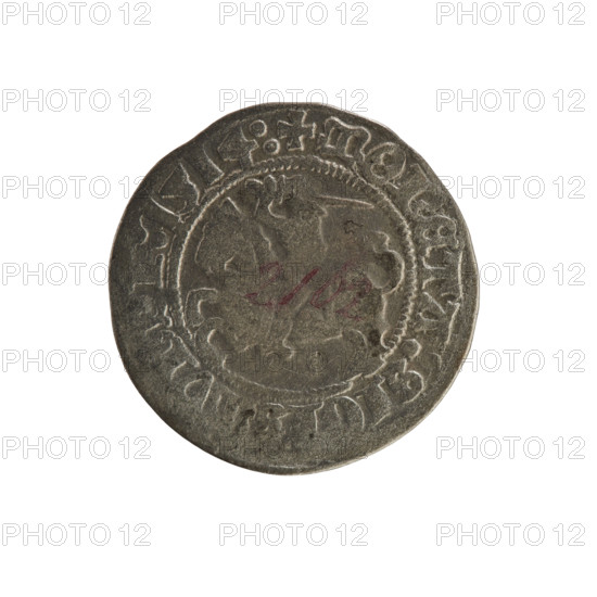 Lithuanian half-grosz, Sigismund I the Old (king of Poland; 1506–1548). Obverse: Pogon (Lithuanian coat of arms) turned left; in the rim between pearl borders an inscription: + COIN:SI, IS, I:1, 14:. Reverse: Polish crowned eagle; in the rim between pearly borders an inscription: + MAGNI:DVCI, LITVANIE:, 1514. Grand Duchy of Lithuania, Vilnius. Polish coin; Jagiellonian dynasty. R8 (rarity).