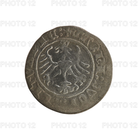 Lithuanian half-grosz, Sigismund I the Old (King of Poland; 1506–1548). R8 (rarity). Polish coin of the Jagiellonian dynasty. Obverse: Pogon (Pursuer) turned left; in the rim between pearl borders an inscription: + COIN:SI, IS, I:1, 14:. Reverse: crowned Polish Eagle; in the rim between pearl borders an inscription: + MAGNI:DVCI, LITVANIE:, 1514. Grand Duchy of Lithuania — Vilnius.