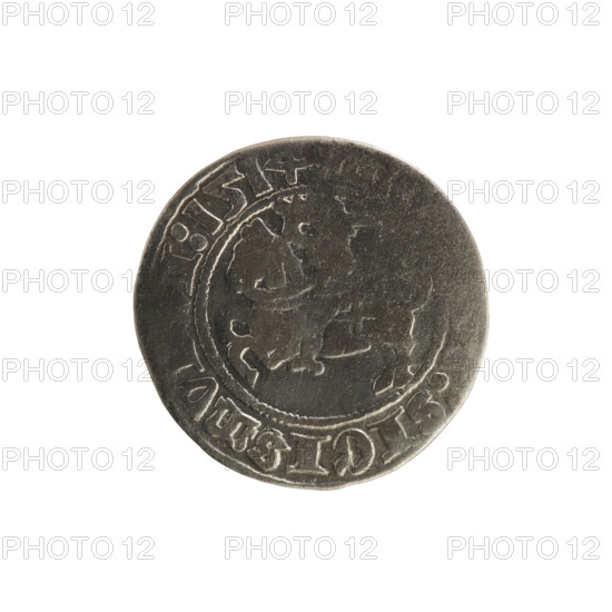 Lithuanian half-grosz, Sigismund I the Old (King of Poland; 1506–1548). Silver coin, 1514. Obverse: Pogon (Lithuanian mounted knight) turned left; legend in rim between pearl borders: SIGISMV I 1514. Reverse: Polish crowned eagle; legend in rim between pearl borders: DVC ITVANIE 1514. Coats of arms of Poland and Lithuania; Jagiellon dynasty.