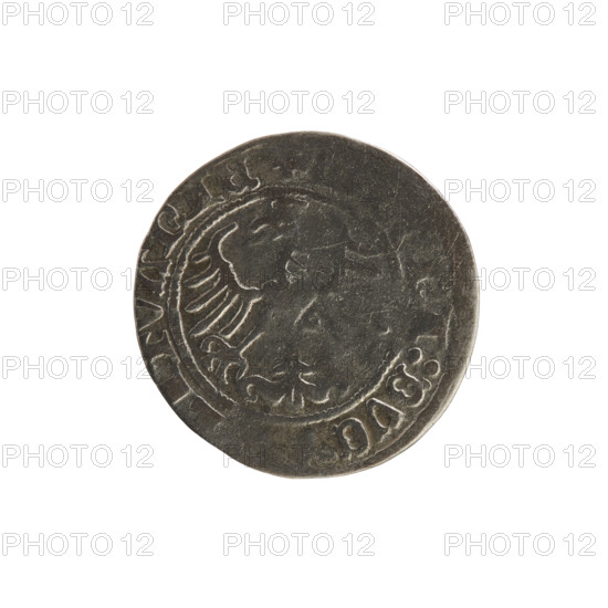 Lithuanian half-grosz, Sigismund I the Old (King of Poland; reign 1506–1548), 1514. Silver coin (half-grosz). Obverse: Pogon (Lithuanian charging knight) turned left; rim between pearl borders with inscription 'SIGISMV I 1514'. Reverse: Polish crowned eagle; rim between pearl borders with inscription 'DVC ITVANIE 1514'. Features coats of arms of the Jagiellon dynasty. From the Grand Duchy of Lithuania, Mint: Vilnius.