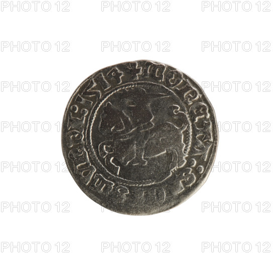 Lithuanian half-grosz, Sigismund I the Old (King of Poland; 1506–1548). Obverse: Pogon (coat of arms of Lithuania) turned left; in the rim between pearl borders an inscription: + COIN:SI, SMVNDI:1514. Reverse: Polish crowned eagle; in the rim between pearl borders an inscription: + MAGNI:DVCIS:LITVAN, 1514. Grand Duchy of Lithuania; Vilnius; Polish–Lithuanian context.
