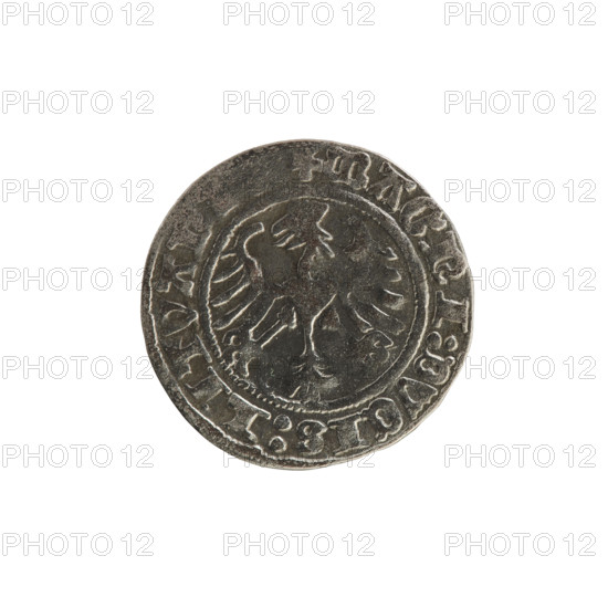 Lithuanian half-grosz, Sigismund I the Old (King of Poland; 1506–1548). Obverse: Pogon (mounted knight) turned left; in rim between pearl borders an inscription: + COIN:SI, SMVNDI:1514. Reverse: Polish crowned eagle; in rim between pearl borders an inscription: + MAGNI:DVCIS:LITVAN, 1514. Grand Duchy of Lithuania; Vilnius; silver coin, 1514.