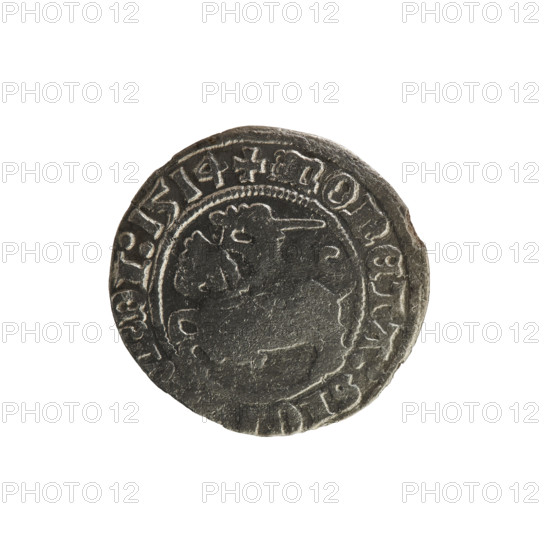 Lithuanian half-grosz, Sigismund I the Old (King of Poland; 1506–1548). Obverse: Pogon (Lithuanian coat of arms) turned left, rim between pearl borders with inscription '+ COIN:SIG, NDI:1514'. Reverse: Polish crowned eagle, rim between pearl borders with inscription '+ MAGNI:DVCIS:, VANIE, 1514'. Polish coin of the Jagiellon dynasty; Grand Duchy of Lithuania; Vilnius; silver coin.