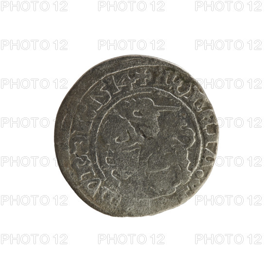 Lithuanian half-grosz, Sigismund I the Old (King of Poland; 1506–1548), 1514. Silver coin (half-grosz) from the Grand Duchy of Lithuania, struck in Vilnius. Obverse: Pogon (Lithuanian mounted knight) turned left; in the rim between pearl borders an inscription: + COIN, MVNDI:1514. Reverse: Polish crowned eagle; in the rim between pearl borders an inscription: + MAGNI:DVCIS:LITVA. Features coats of arms: Pogon and Polish eagle; Jagiellon dynasty.
