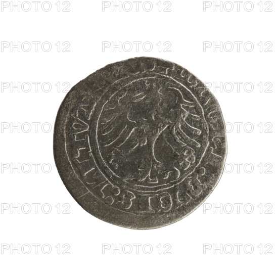 Lithuanian half-grosz, Sigismund I the Old (King of Poland; 1506–1548). Obverse: Pogon (Lithuanian coat of arms) turned left; in the rim between pearl borders an inscription: + COIN, MVNDI:1514. Reverse: Polish crowned eagle; in the rim between pearl borders an inscription: + MAGNI:DVCIS:LITVA. 1514. Grand Duchy of Lithuania, Vilnius. Polish coin; Jagiellon dynasty.