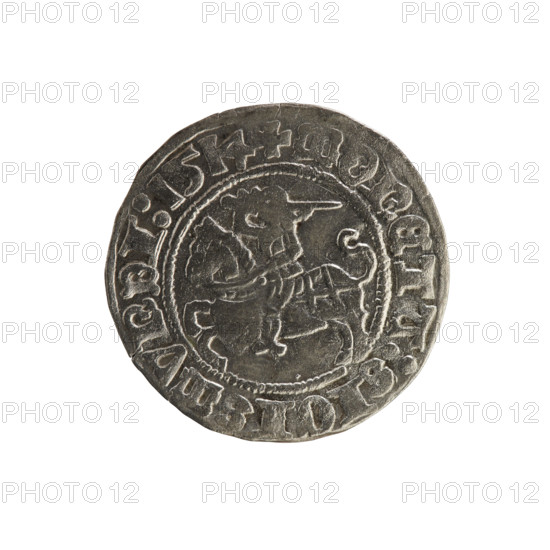 Lithuanian half-grosz, Sigismund I the Old (King of Poland; 1506–1548). Obverse: Pogon (mounted knight) turned left; inscription in rim between pearl borders: + COIN:SIGISMVNDI:1514. Reverse: crowned Polish Eagle; inscription in rim between pearl borders: + MAGNI:DV:LITVANIE:; dated 1514. Polish coin of the Jagiellon dynasty; Grand Duchy of Lithuania, Vilnius.