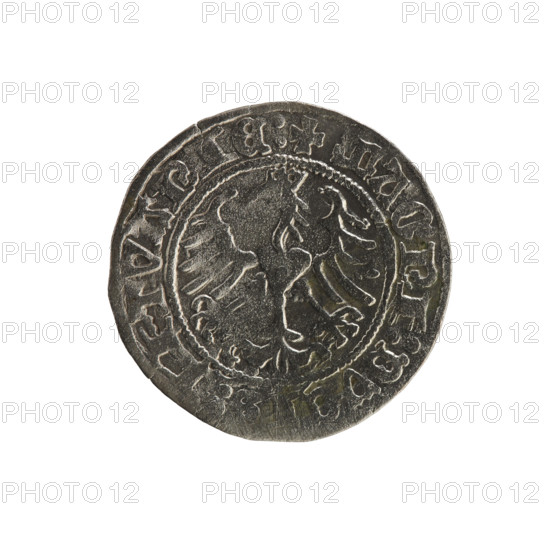 Lithuanian half-grosz, Sigismund I the Old (King of Poland; 1506–1548). Obverse: Pogon (Lithuanian coat of arms) turned left; in the rim between pearl borders an inscription: + COIN:SIGISMVNDI:1514. Reverse: Polish crowned eagle; in the rim between pearl borders an inscription: + MAGNI:DV:LITVANIE:. Dated 1514. Polish–Lithuanian coin from the Grand Duchy of Lithuania (Vilnius).