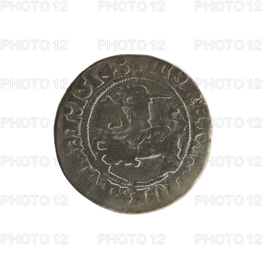 Lithuanian half-grosz, Sigismund I the Old (King of Poland; 1506–1548). Silver coin (1514). Obverse: Pogon (Lithuanian coat of arms) turned left; in rim between pearl borders an inscription: + MONETA, IGI, DI:1514:. Reverse: Polish crowned eagle; in rim between pearl borders an inscription: + MAGNI:DV, LIT, ANIE, 1514. Grand Duchy of Lithuania; Vilnius; Jagiellon dynasty; coats of arms.